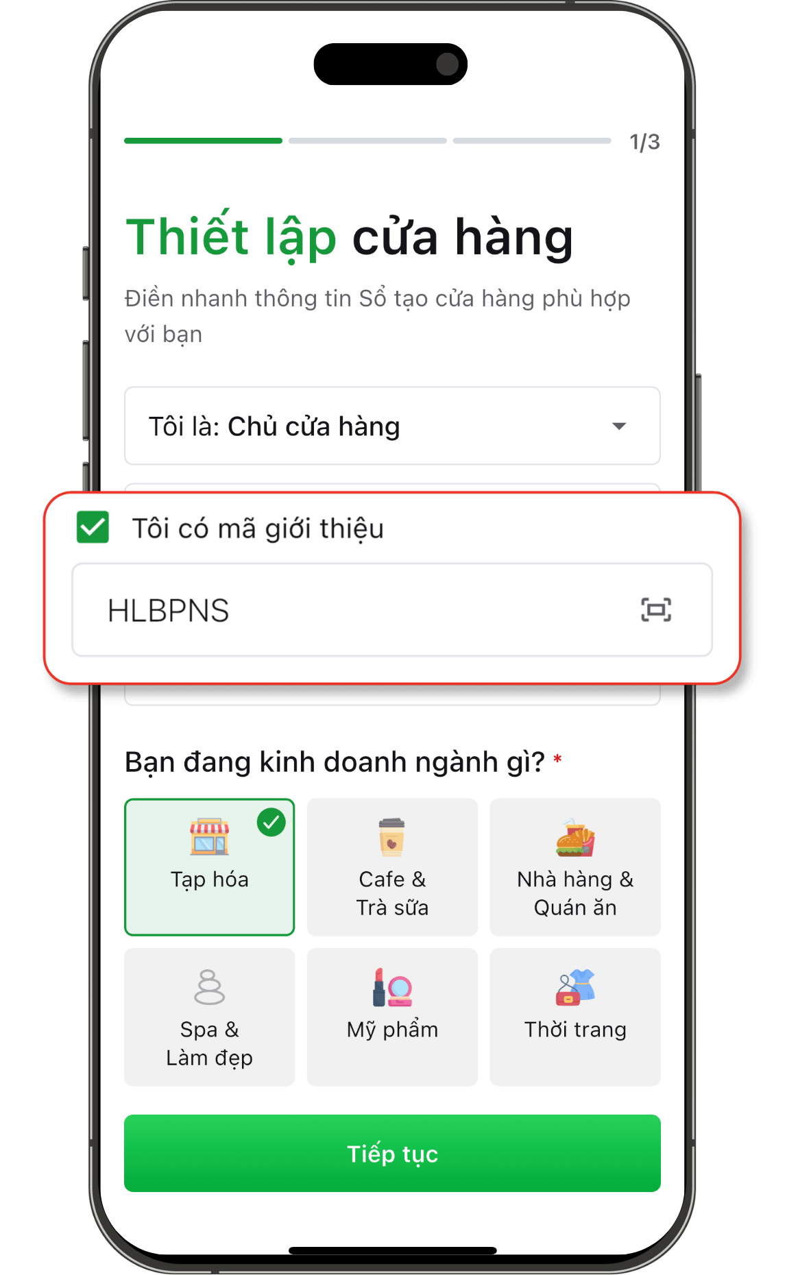 Bước 2 — Nhập mã giới thiệu HLBPNS khi thiết lập cửa hàng